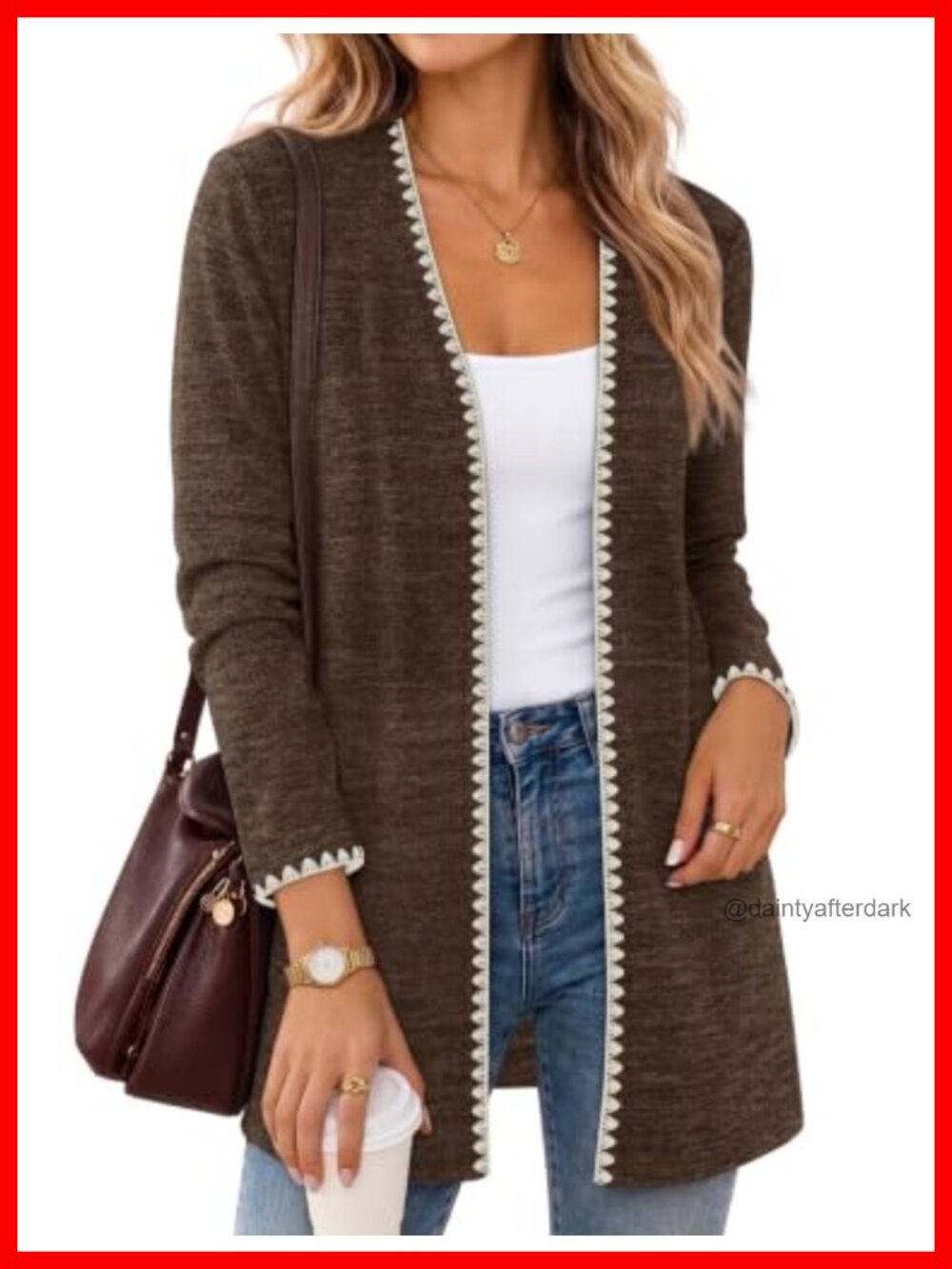 WIHOLL Lightweight Open Front Cardigan Long Sleeve Scallop Trim Layering Sweater